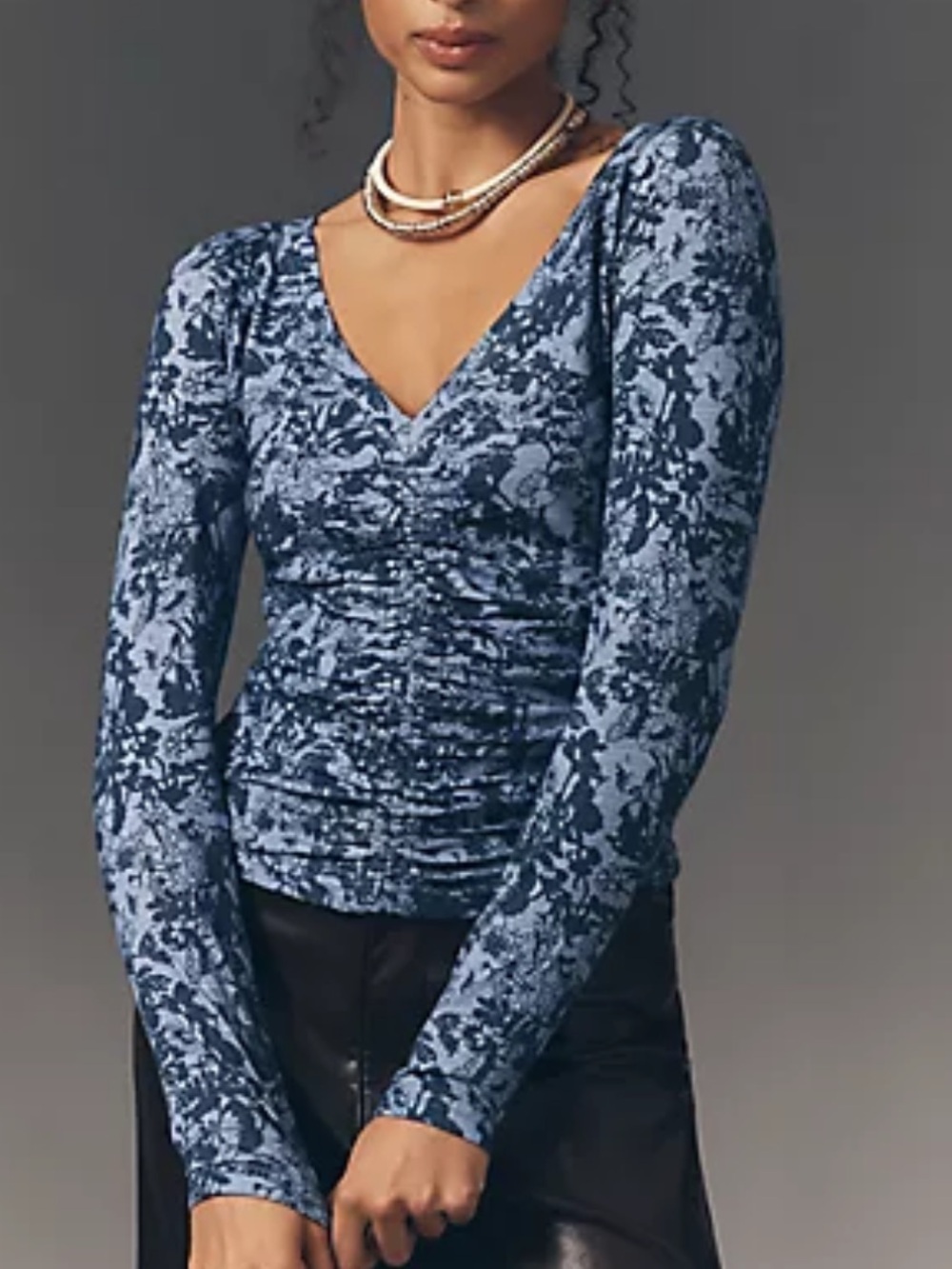 NWT Anthropologie Blue Floral Ruched V-Neck Long Sleeve Top